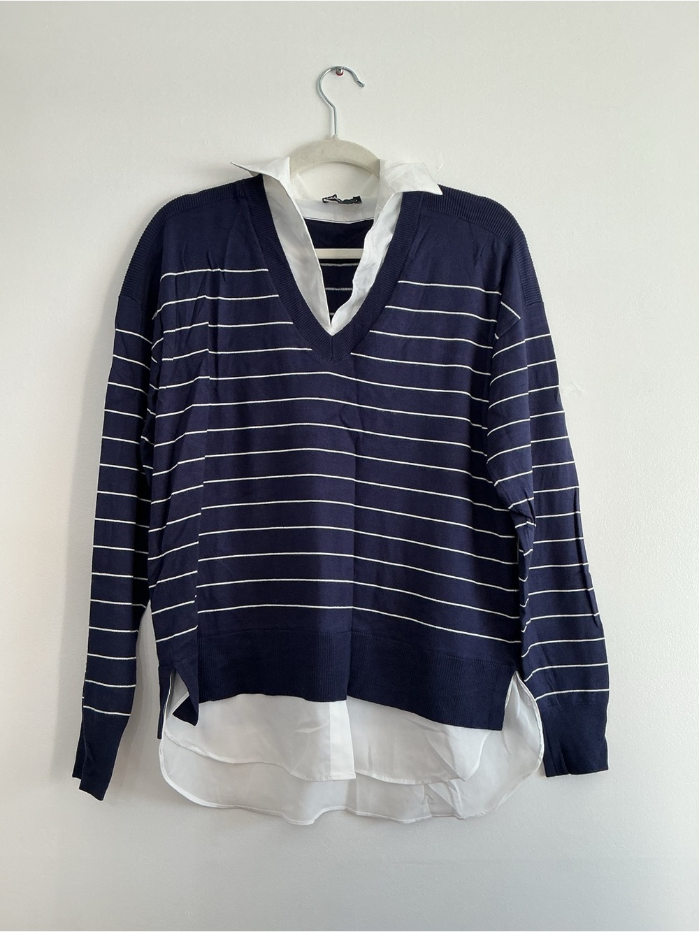 Hilary Radley Navy and White Striped V-Neck Pullover